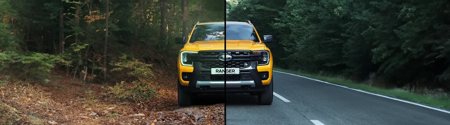 Orman zemini ve asfalt yol arasında Ford Ranger sürüş görünümü